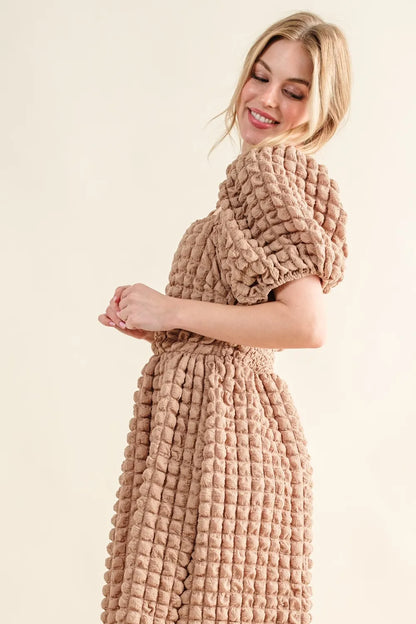 Full Size Square Neck Puff Sleeve Dress in Latte - product view 5