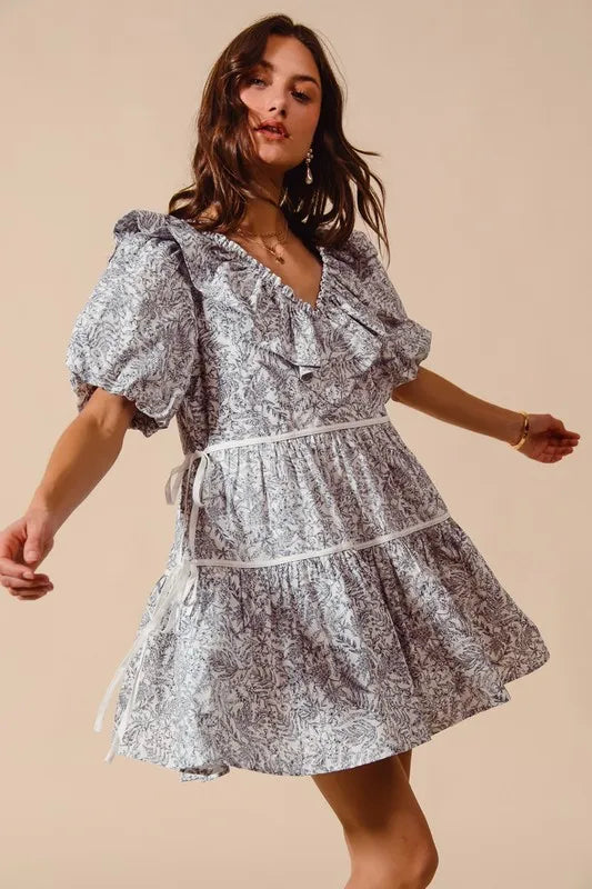 Cotton Printed Ruffle V Neckline Dress with Side Tie in Off White/Navy - product view 9