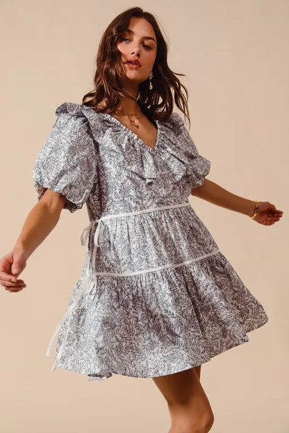 Cotton Printed Ruffle V Neckline Dress with Side Tie in Off White/Navy - product view 9