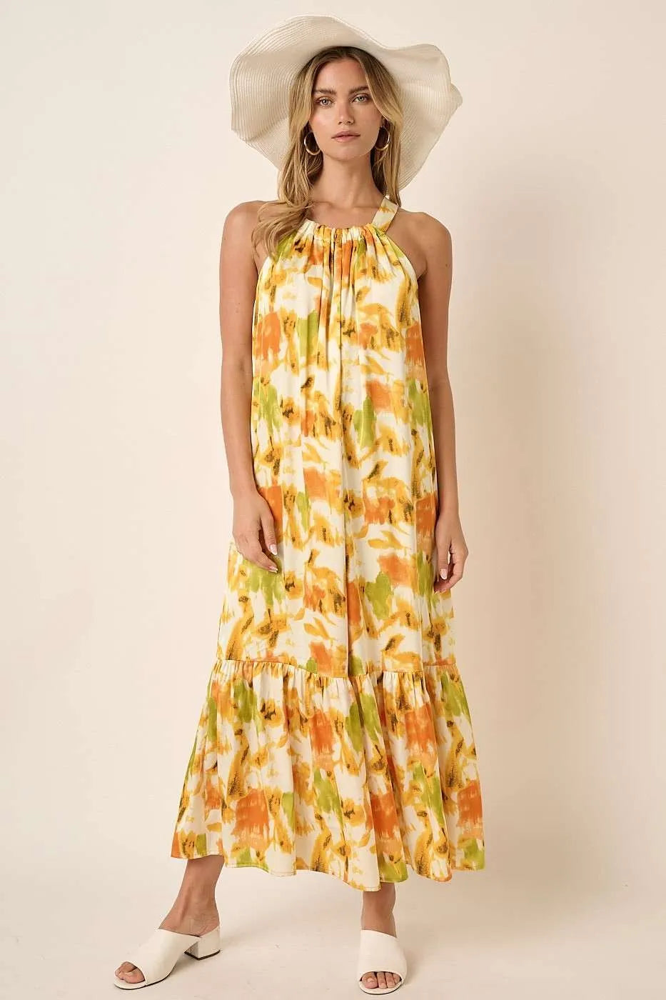 Watercolor Print Halter Neck Satin Maxi Dress in Orange - product view 8