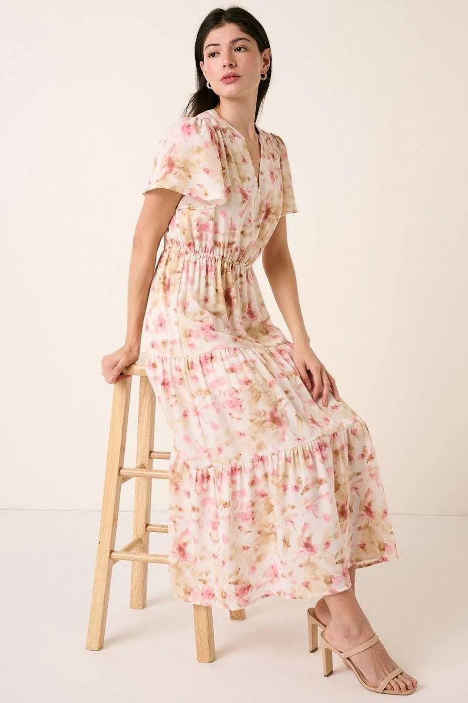 Flower Print Flutter Sleeve V Slit Maxi Dress - Pink - product view 4