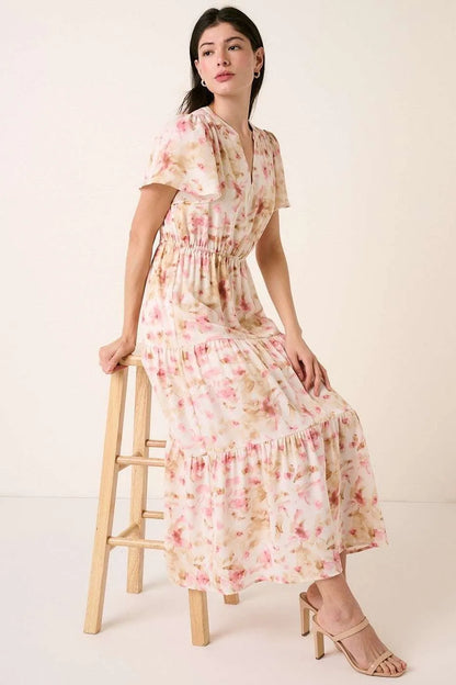 Flower Print Flutter Sleeve V Slit Maxi Dress - Pink - product view 4