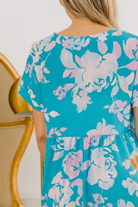 Floral Crinkle Shirred Ruffle Detail V Neck Dress in Soft Blue - product view 9