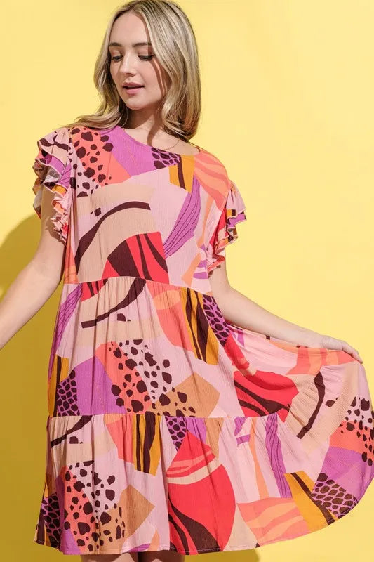 Printed Double Ruffles Sleeve Dress in Mauve - product view 3