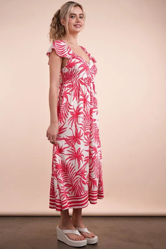 Tropical Printed Midi Summer Boho Dress in Tomato Mix - product view 3