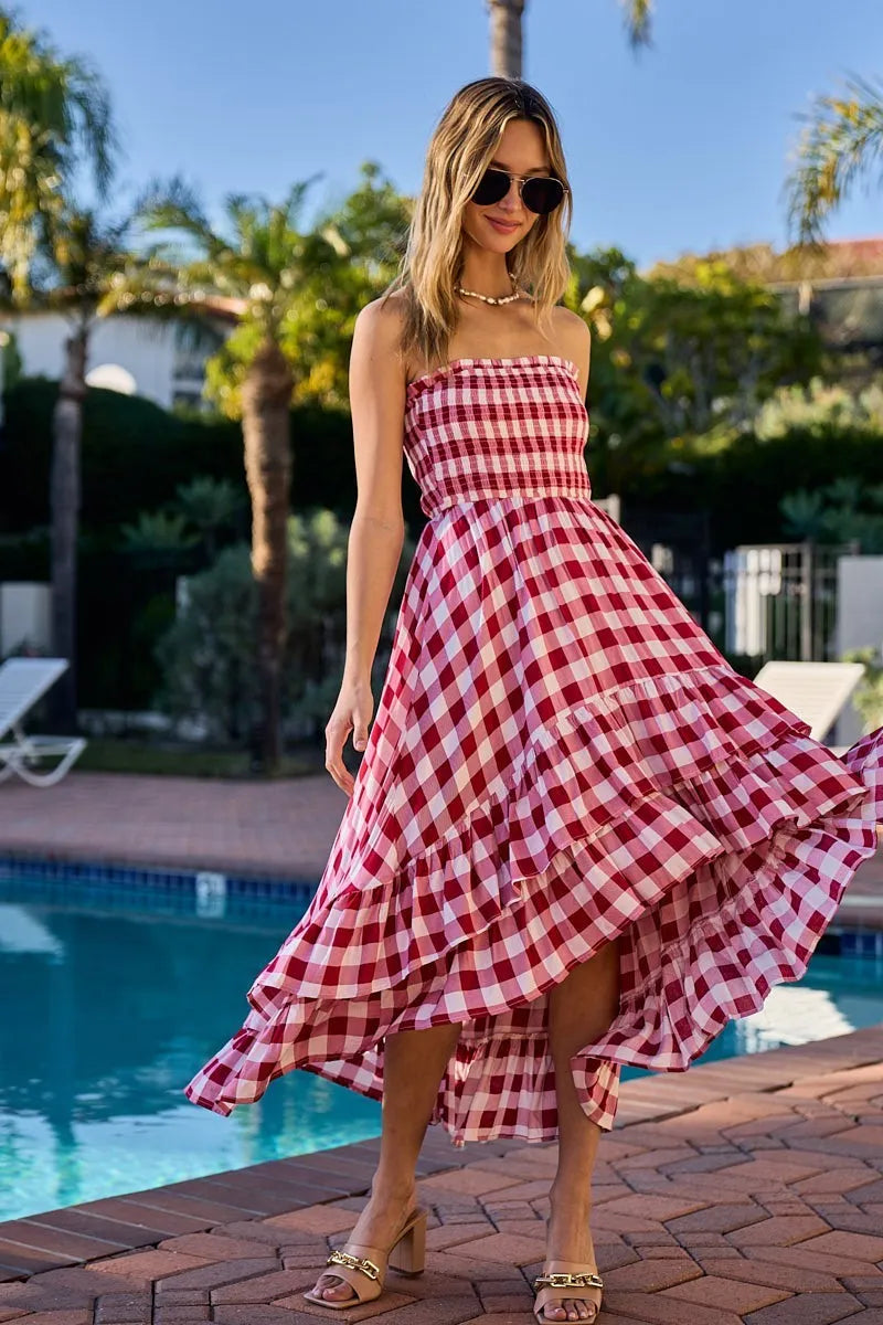 Smocked Body Off Shoulder Check Dress - Red/Ivory - product view 4