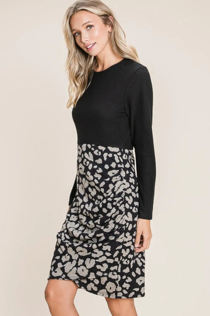 Leopard Color Block Knit Dress in Black - product view 3