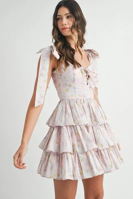 Floral Print Shoulder Tie Layered Mini Dress - Pink - product view 2