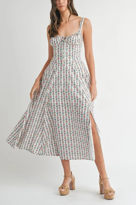 Floral Print Bustier Back Lace Up Midi Dress - Cream - product view 6