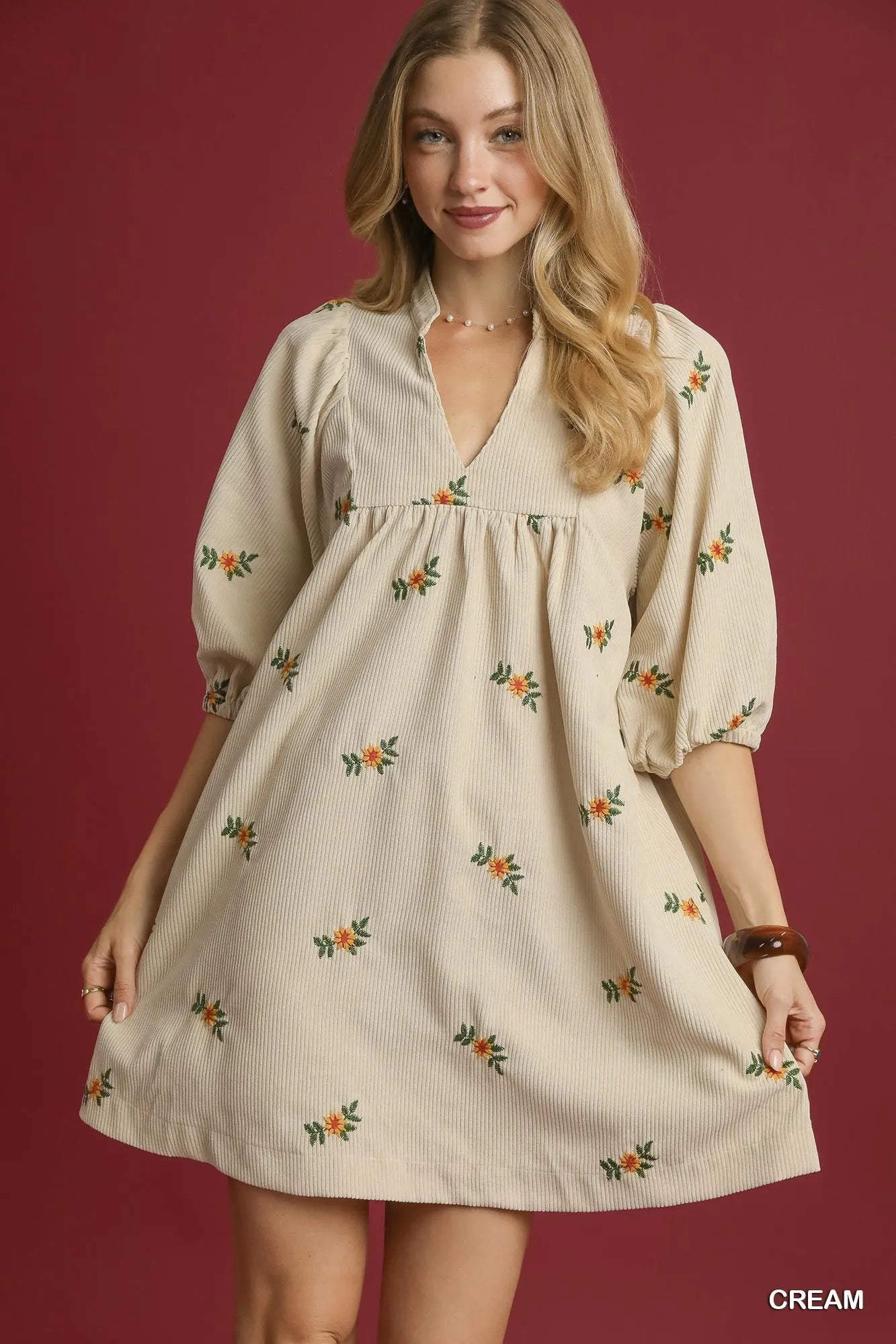 Corduroy Babydoll Dress with Floral Embroidery - Cream - product view 1