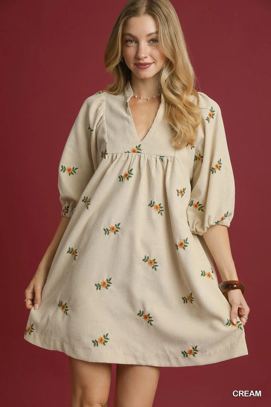 Corduroy Babydoll Dress with Floral Embroidery - Cream - product view 1