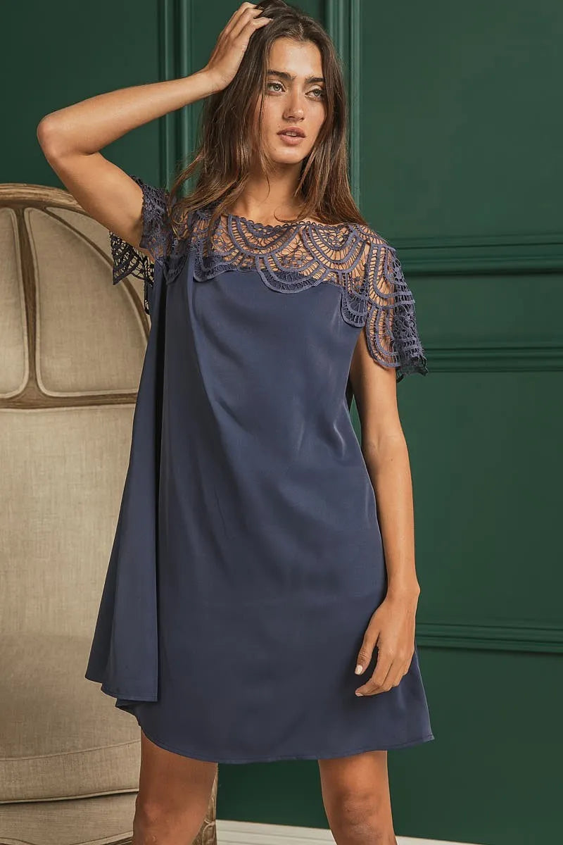 Crochet Lace Yoke Detailed Wrinkled Dress - Deep Navy - product view 3