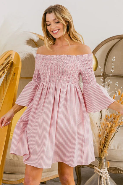 Smocked Off Shoulder Striped Dress - Blush - product view 1