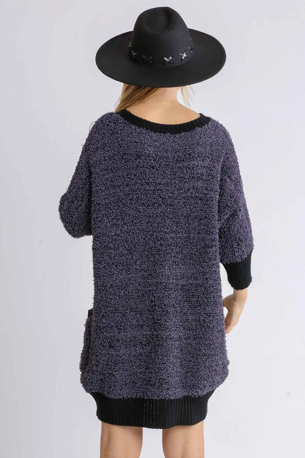 Full Size Ribbed Hem Round Neck 3/4 Sleeve Sweater Dress with Pockets Plus Size - Black - product view 3