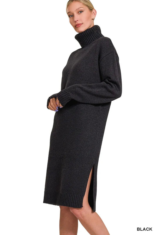 Turtle Neck Long Sleeve Midi Sweater Dress - Black - product view 2