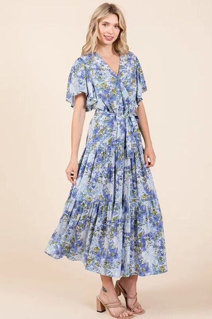 Floral Tie Waist Flutter Sleeve Tiered Dress in Dusty Blue - product view 5
