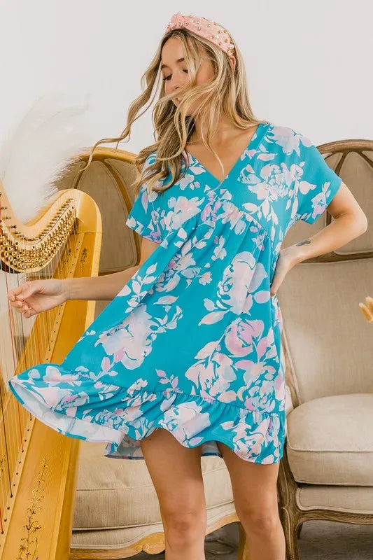 Floral Crinkle Shirred Ruffle Detail V Neck Dress in Soft Blue - product view 1