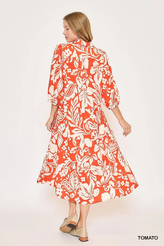 Floral Print Tiered Midi Dress - Tomato - product view 2