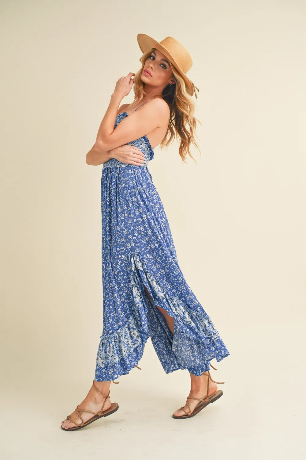 Ditsy Floral Ruffled Hem Maxi Cami Dress in Blue - product view 3