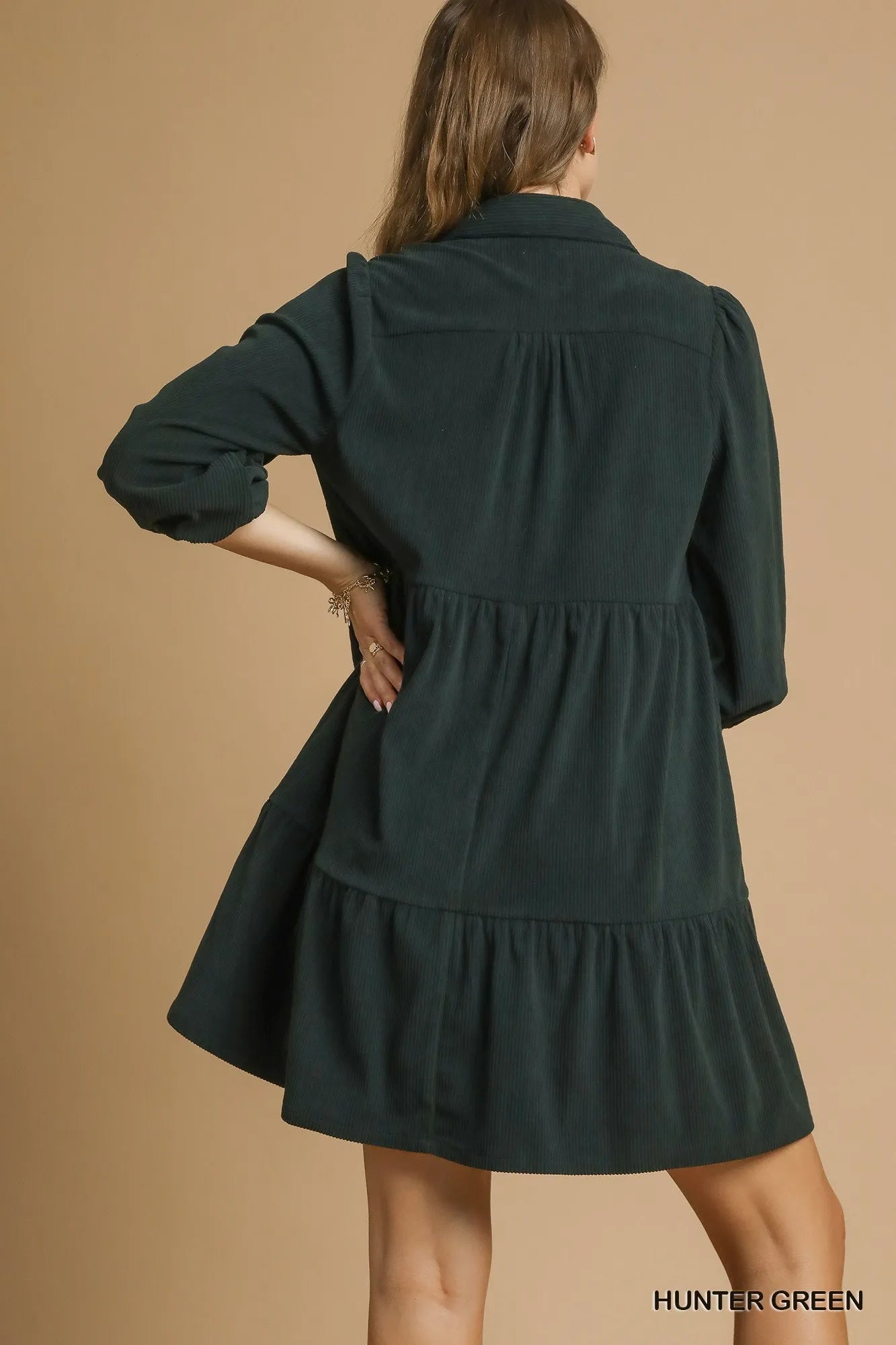Tiered Johnny Collar Balloon Sleeve Dress in Hunter Green - product view 4