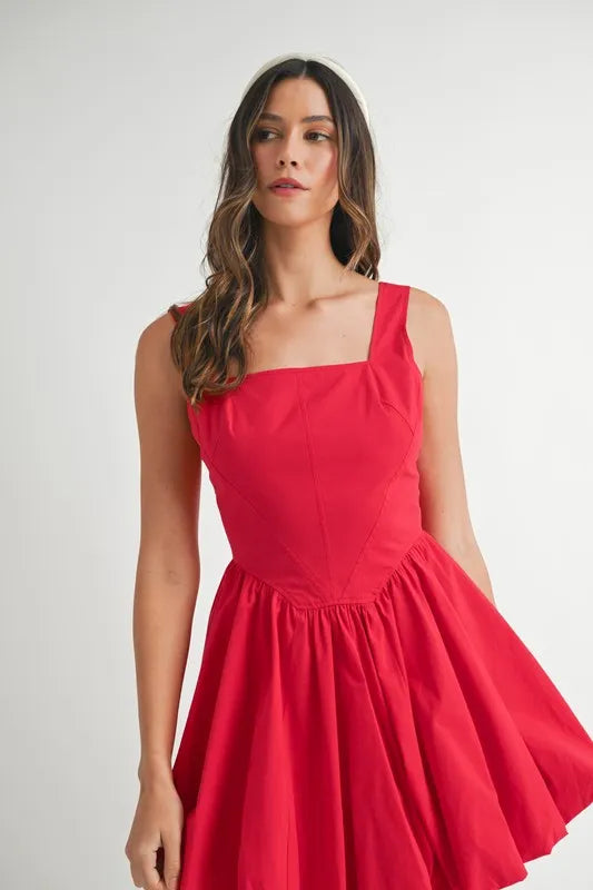 Poplin Square Neckline Bubble Mini Dress in Red - product view 6