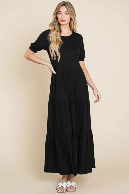 Short Sleeve Tiered Maxi Dress in Black - product view 1