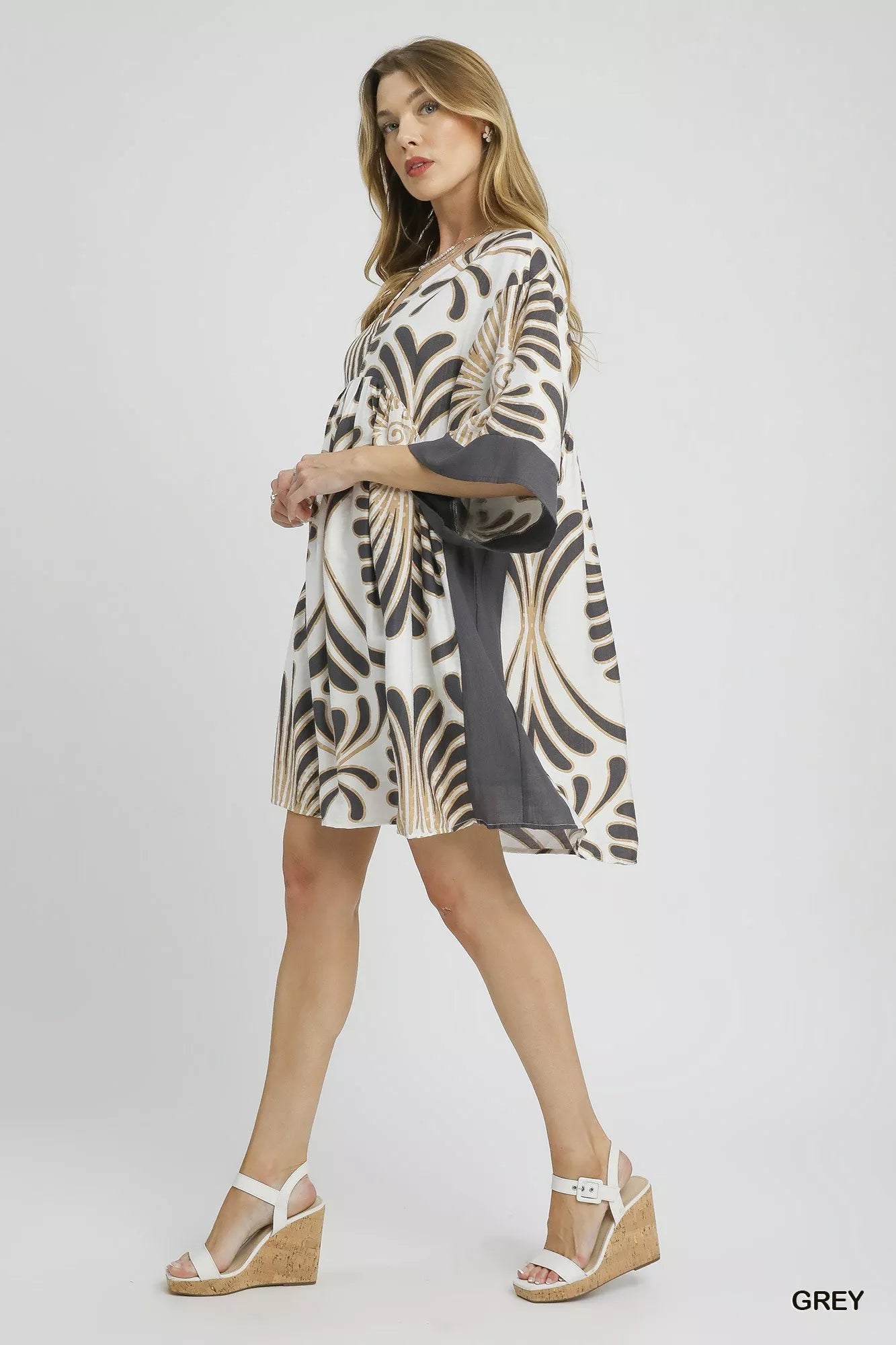 Abstract Print Kimono Sleeve Mini Dress - Grey - product view 3