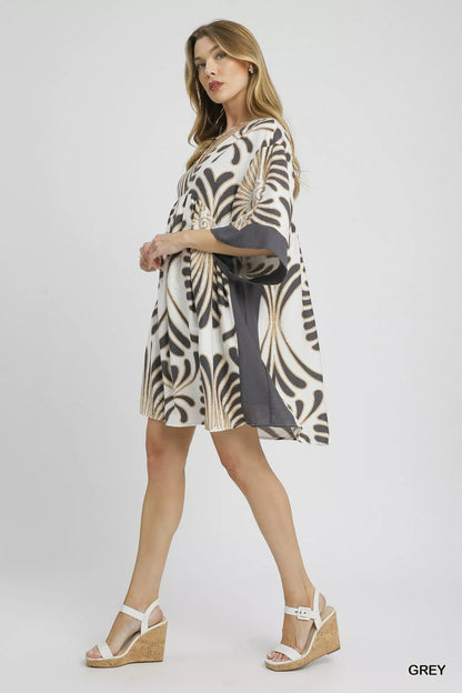 Abstract Print Kimono Sleeve Mini Dress - Grey - product view 3