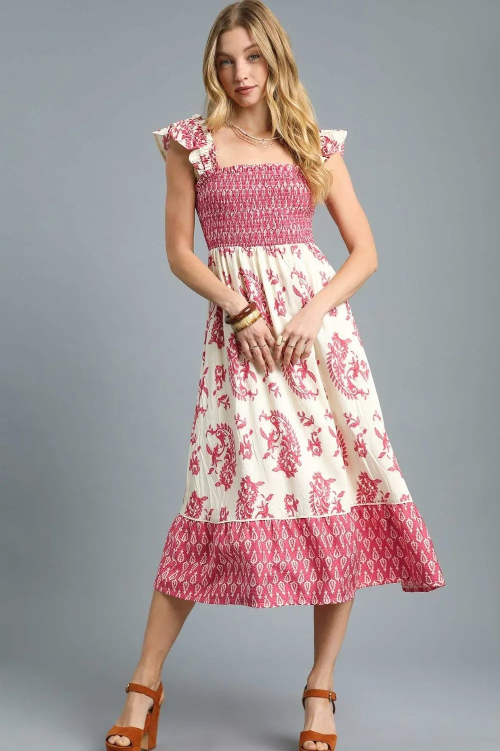 Printed Smocked Midi Dress with Ruffle Details in Deep Rose - product view 1