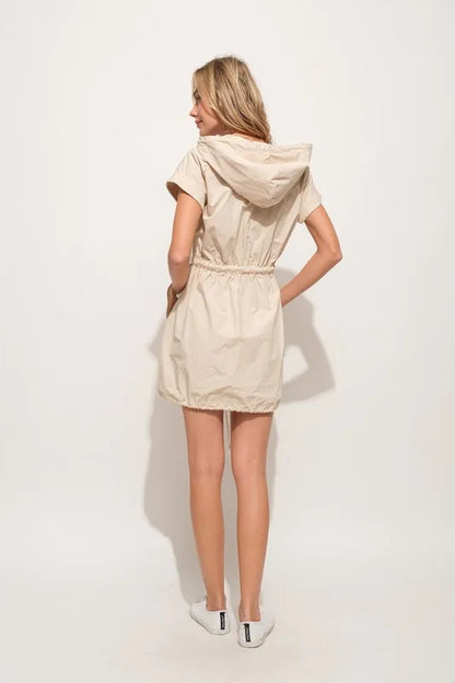 Short Sleeve String Details Hooded Mini Dress in Almond - product view 7