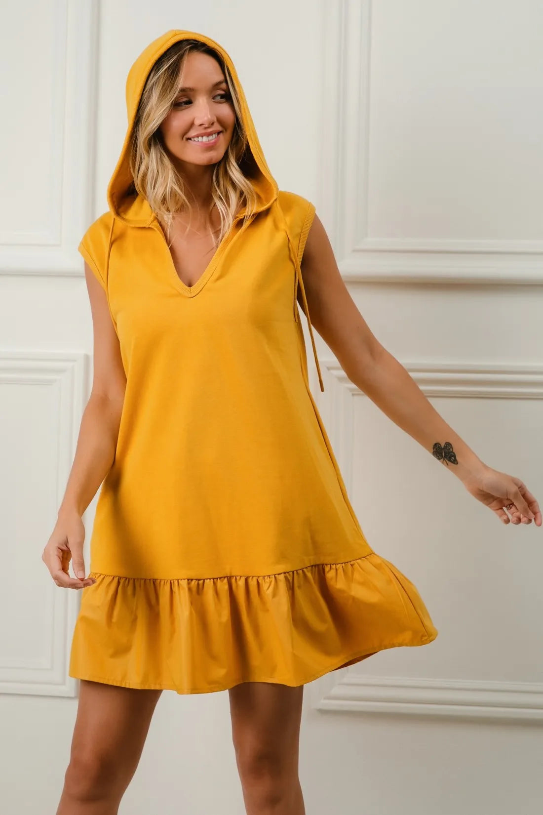 Ruffled French Terry Hooded Dress - Mustard - product view 7