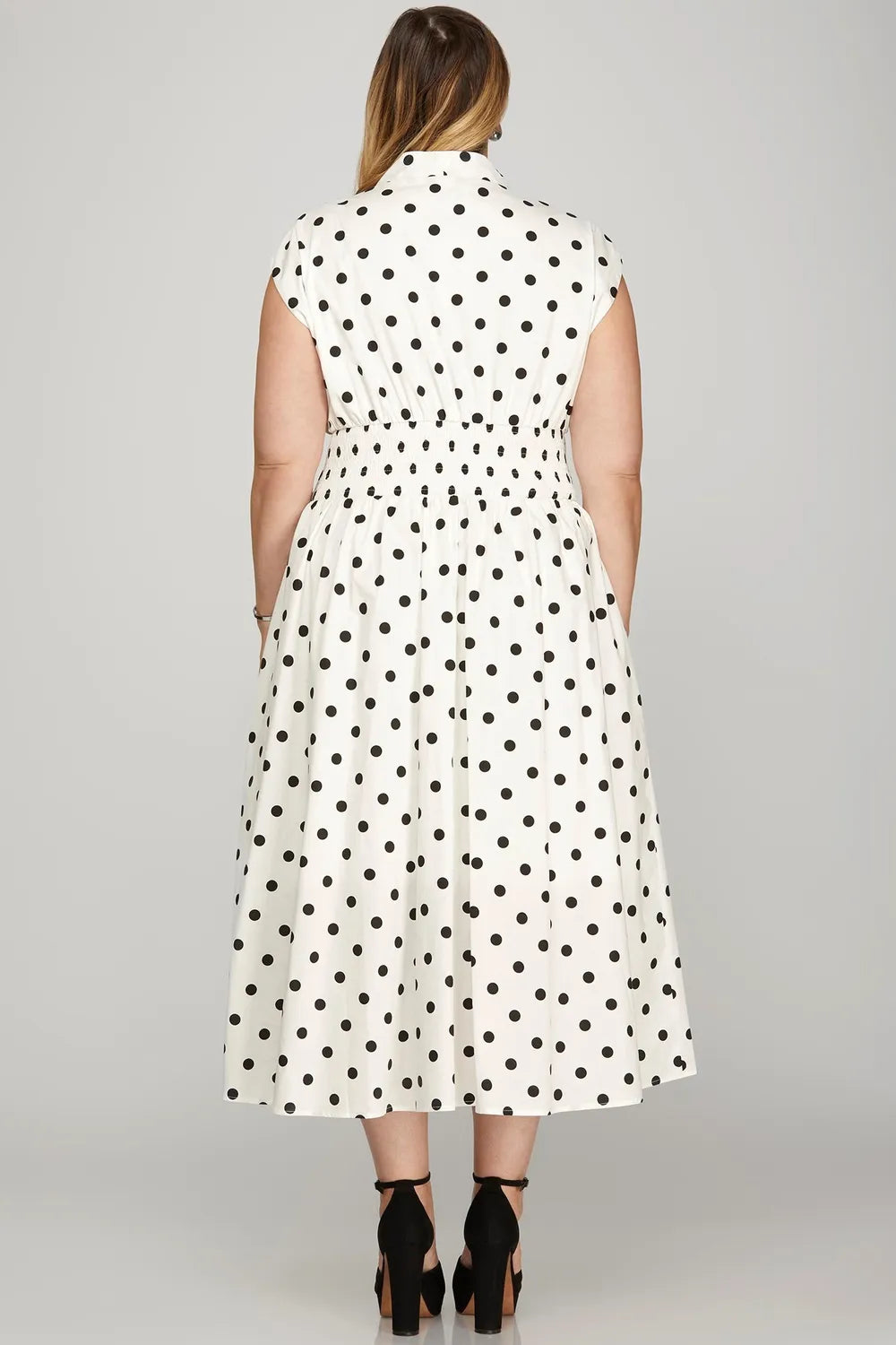 Front Zip Polka Dots Cap Sleeve Midi Dress - Off White - product view 4