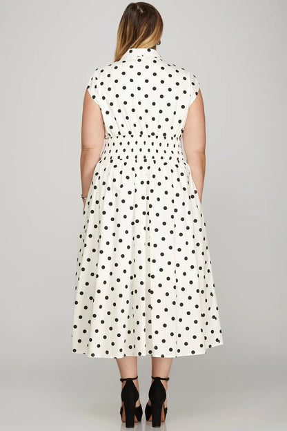 Front Zip Polka Dots Cap Sleeve Midi Dress - Off White - product view 4