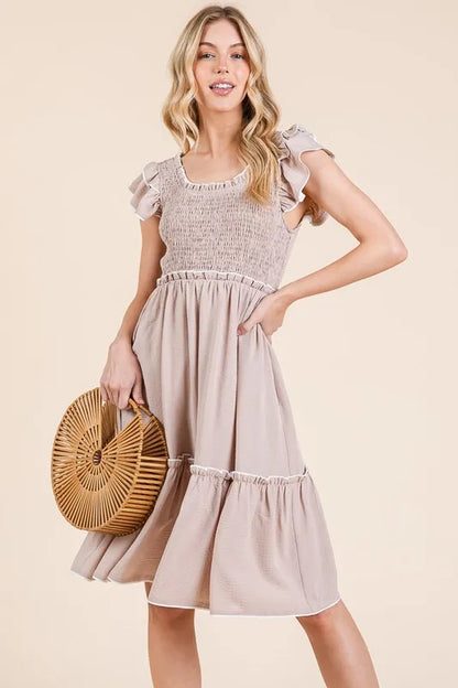 Ruffle Trim Smocked Dress with Contrast in Taupe - product view 7