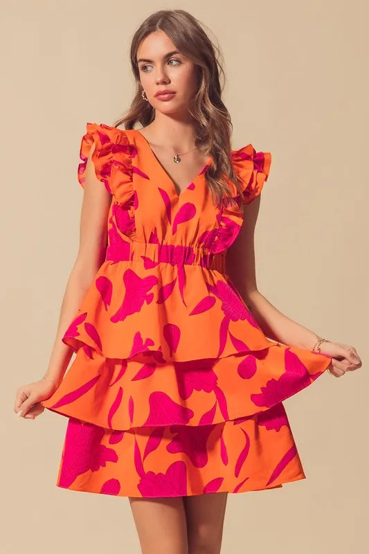 Floral V Neck Layered Dress with Elasticized Waist in Orange/Fuchsia - product view 5