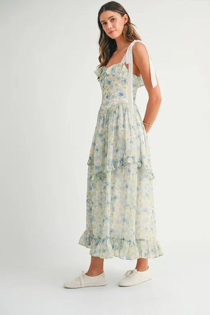 Floral Printed Shoulder Strap Midi Dress in Blue - product view 6