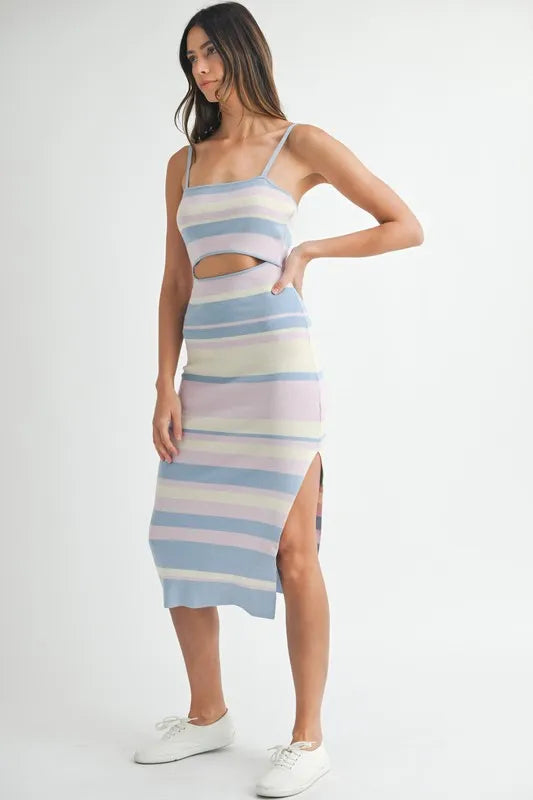Multi Color Striped Front Cutout Knit Midi Dress in Lt Blue Multi - product view 3