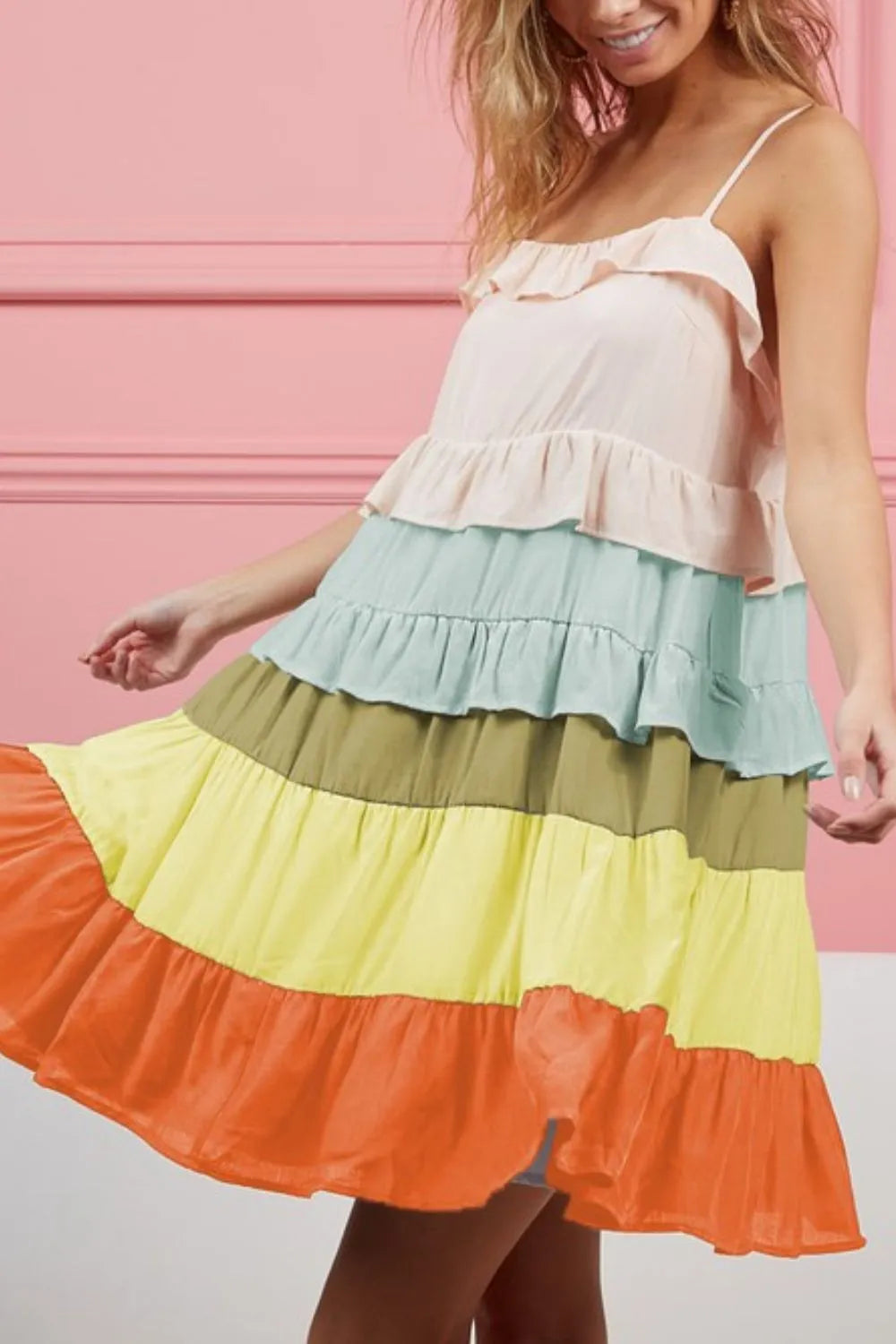 Color Blocked Tiered Dress - Cream/Mint/Ban/Oran - product view 3