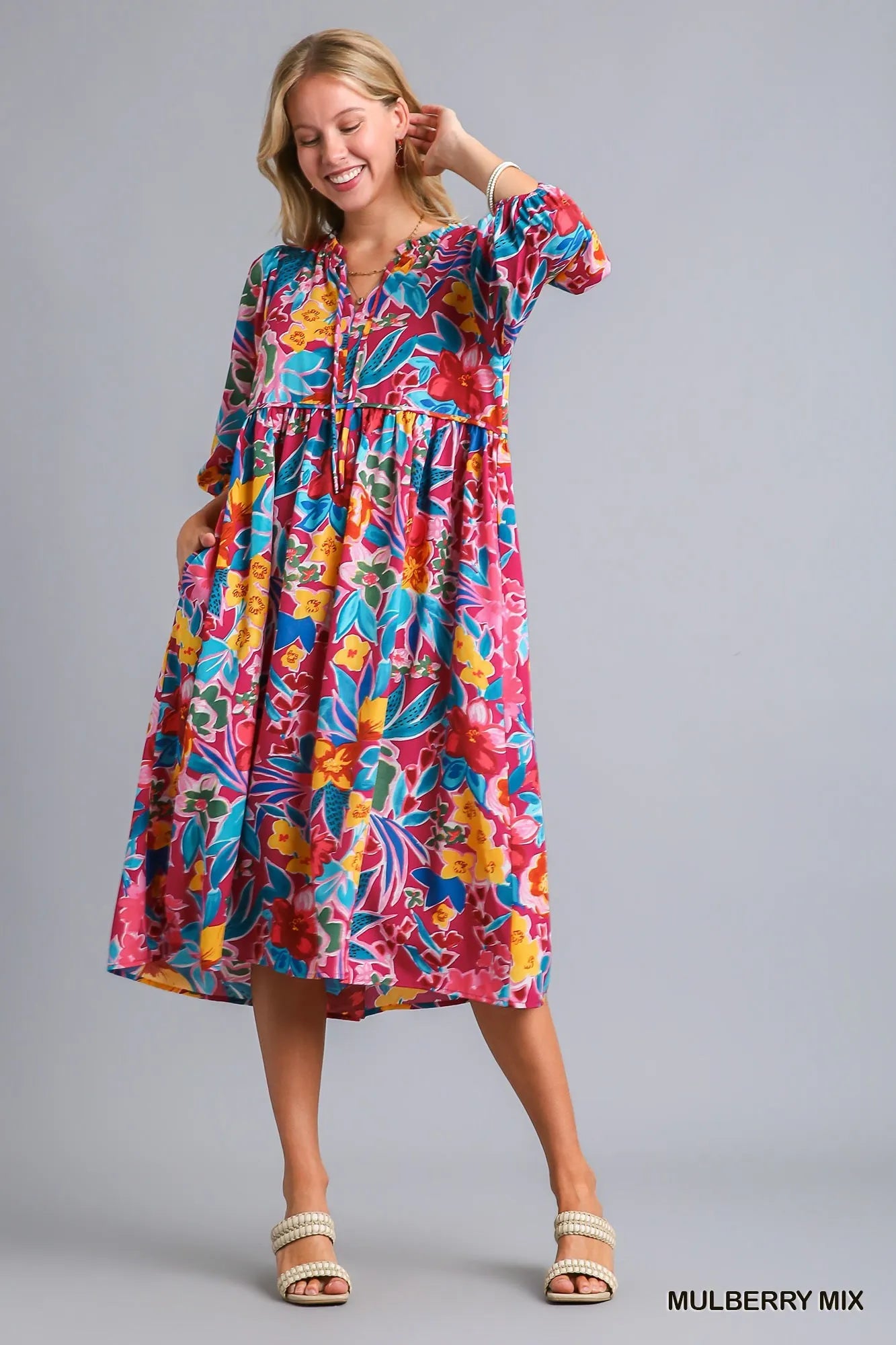 Full Size Floral Print Tie Neck Midi Dress with Pockets Plus Size in Mulberry Mix - product view 2