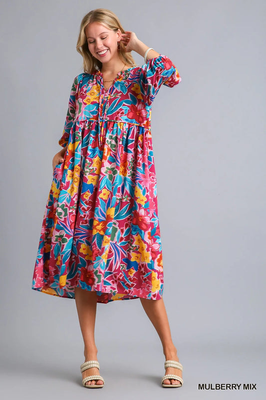 Full Size Floral Print Tie Neck Midi Dress with Pockets Plus Size in Mulberry Mix - product view 2