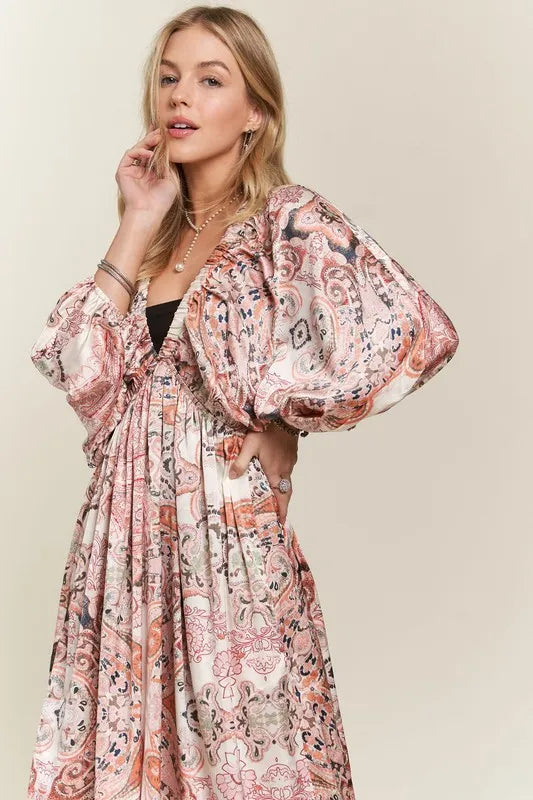 Printed V-Neck Batwing Sleeve Dress - Pale Blush - product view 7