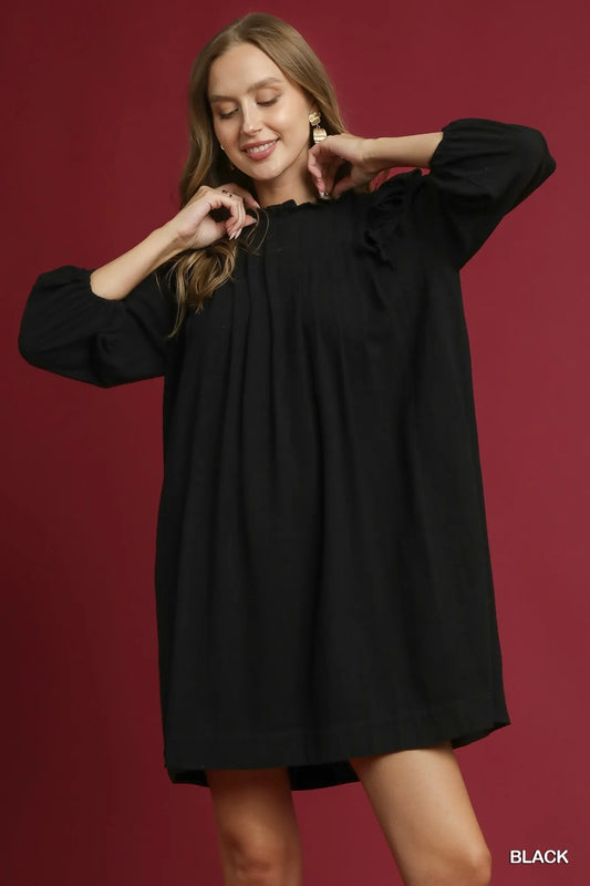 Linen Ruffle Shoulder Pleated Babydoll Dress - Black - product view 1