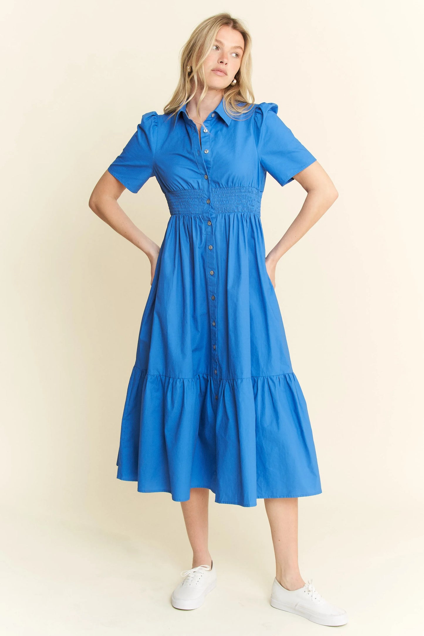 Short Sleeve Button Down Midi Dress in Blue - product view 5