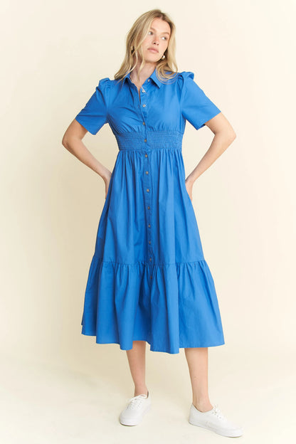 Short Sleeve Button Down Midi Dress in Blue - product view 5