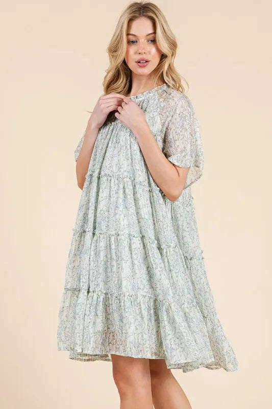 Ditsy Floral Print Sheer Ruffle Detail Mini Dress in Ivory Combo - product view 2