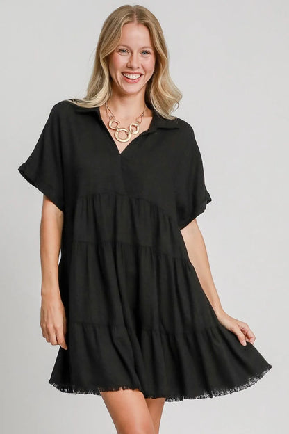 Full Size Raw Hem Folded Sleeve Tiered Dress Plus Size - Black - product view 1