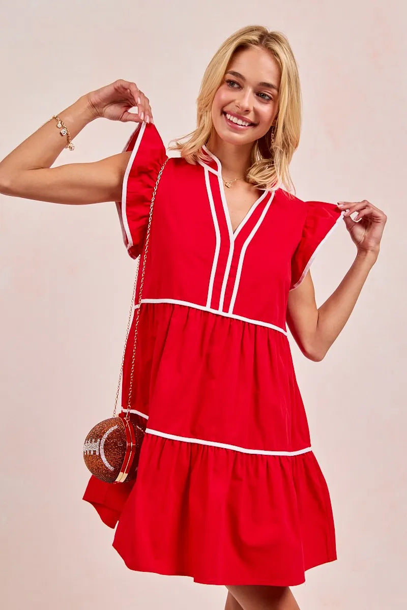 Gameday Theme Contrast Binding Ruffled Dress - Red - product view 8