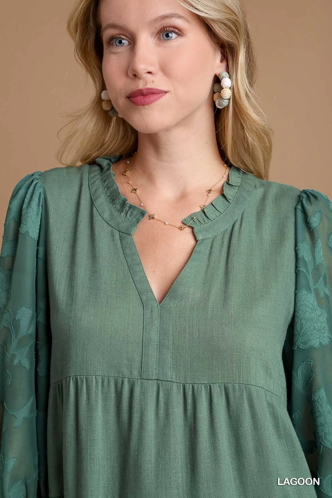 Floral Contrast Sleeve Tiered Dress in Lagoon - product view 5