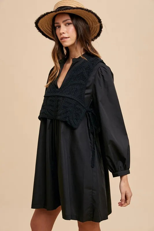 Crochet Vest Notched Long Sleeve Shirt Dress in Black - product view 2
