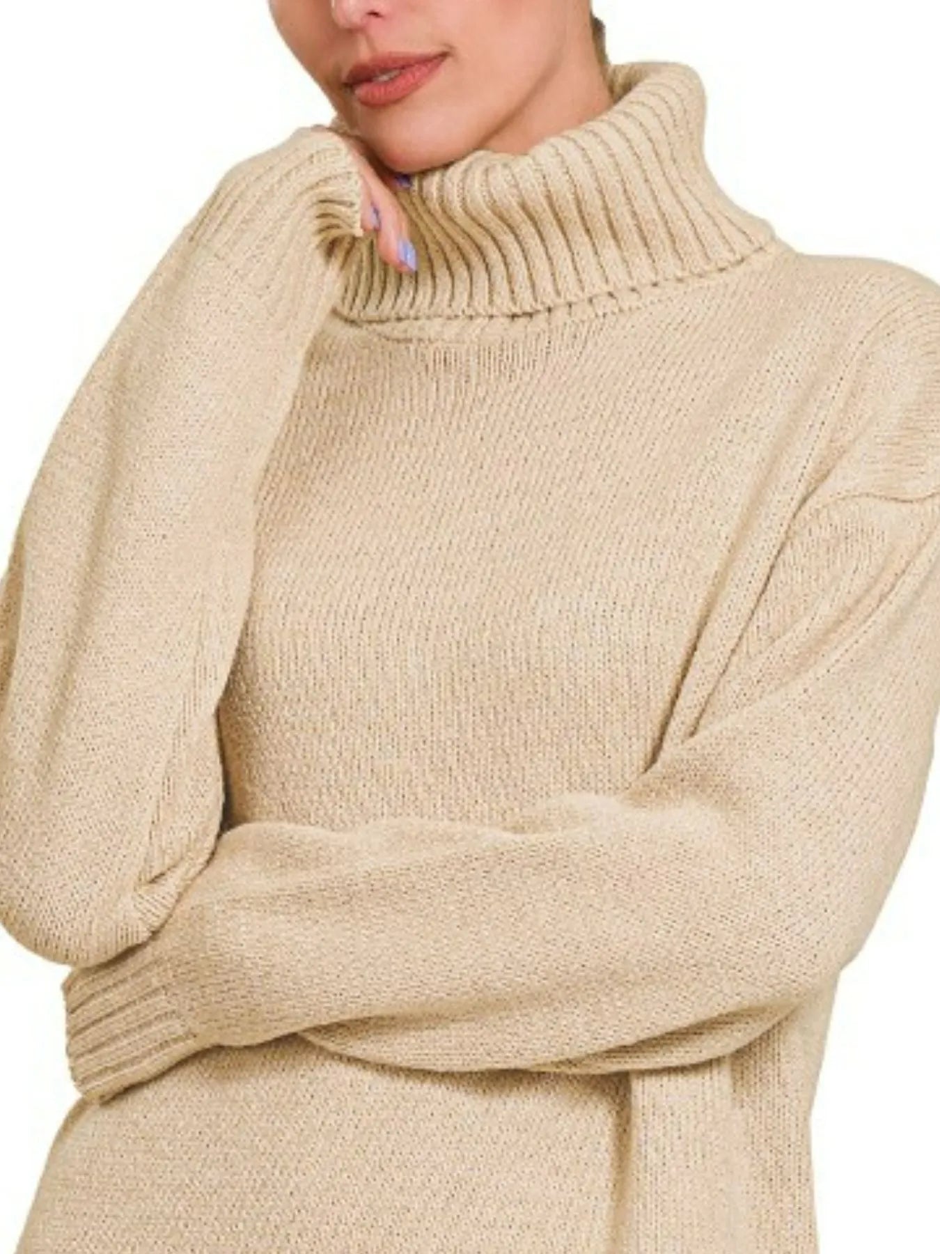 Turtle Neck Long Sleeve Midi Sweater Dress - H Beige - product view 2